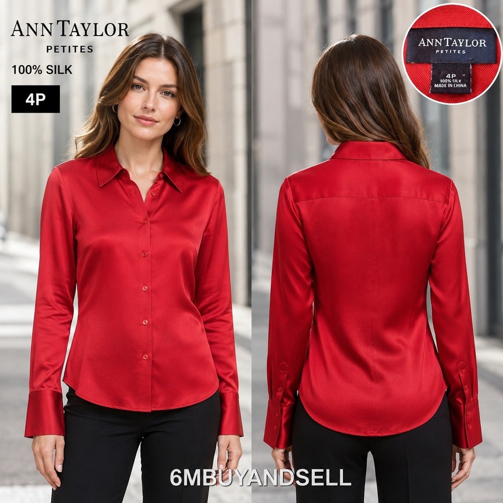 Ann Taylor Petites Red 100% Silk Blouse Button Down Long Sleeve Shirt 4P ID8012A